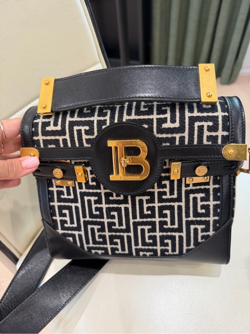 Balmain Black & Ivory Monogram Crossbody with Gold Hardware